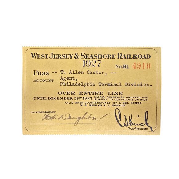 1927 West Jersey & Seashore Railroad Pass T. Allen Caster Agent Phil. Signed - Picture 1 of 4
